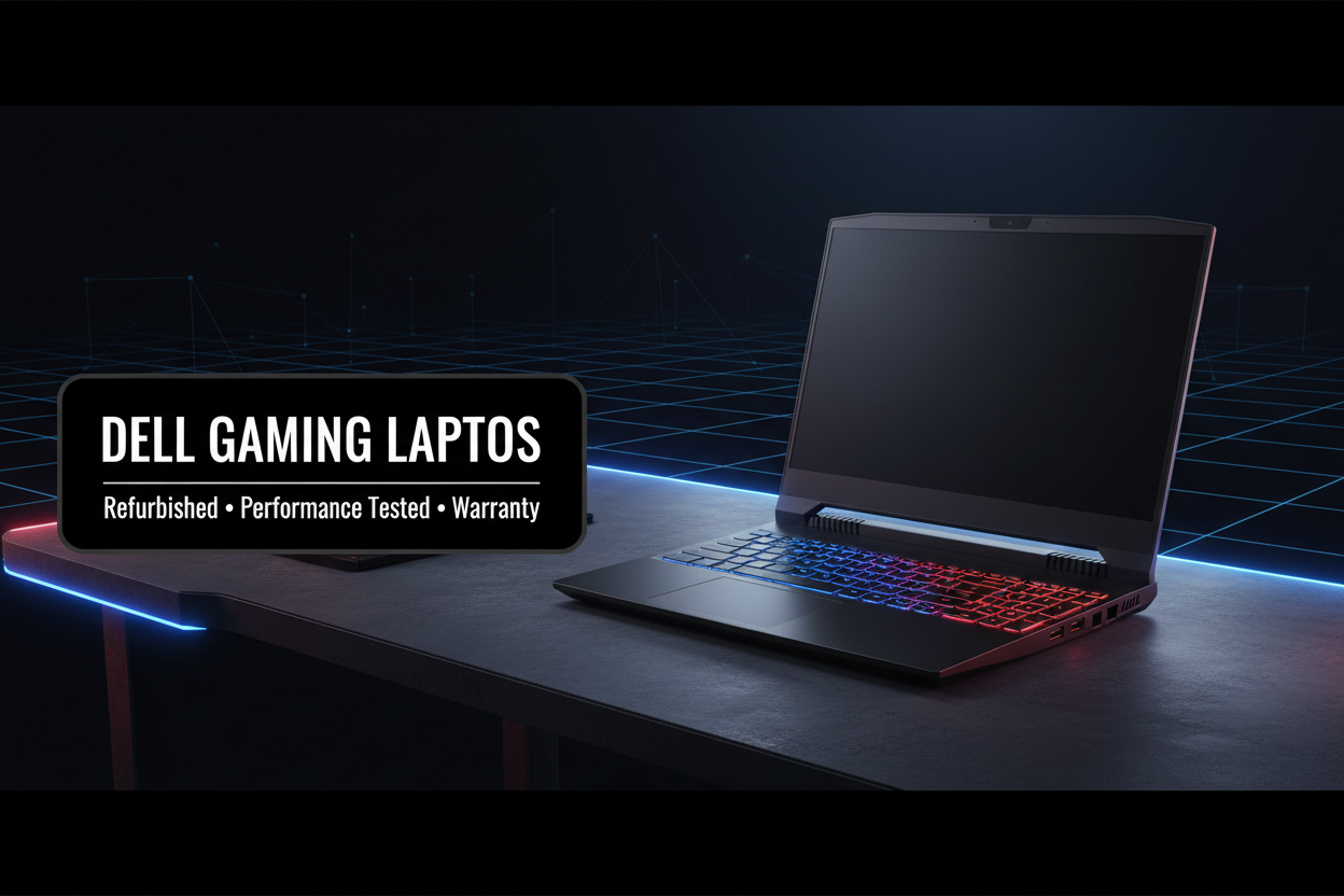 Refurbished Dell gaming laptops collection banner, performance tested with warranty
