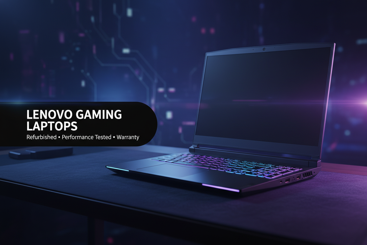 Refurbished Lenovo gaming laptops collection banner, performance tested with warranty
