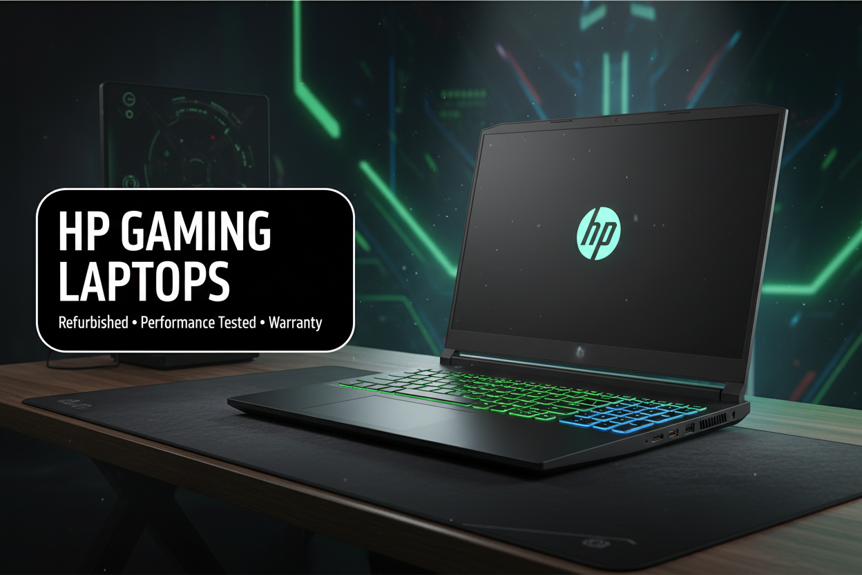 Refurbished HP gaming laptops collection banner, performance tested with warranty