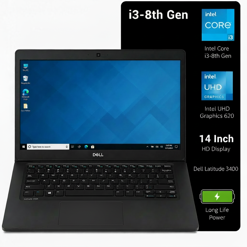 A black Dell laptop shown open against a white background, with a large black informational panel on the right listing specs such as i3-8th Gen, Intel Core i3-8145U, Intel UHD Graphics 620, 14 Inch HD Display, and Dell Latitude 3400.