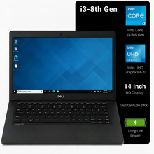 A black Dell laptop shown open against a white background, with a large black informational panel on the right listing specs such as i3-8th Gen, Intel Core i3-8145U, Intel UHD Graphics 620, 14 Inch HD Display, and Dell Latitude 3400.