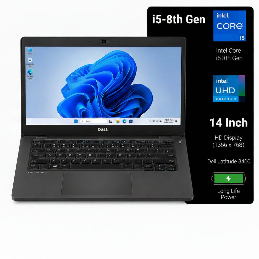 Dell Latitude 3400 i5-8th Gen laptop in black, shown open with its screen on, alongside a black specification panel highlighting Intel Core i5, Intel UHD Graphics 620, 14-inch HD display, and long life power.