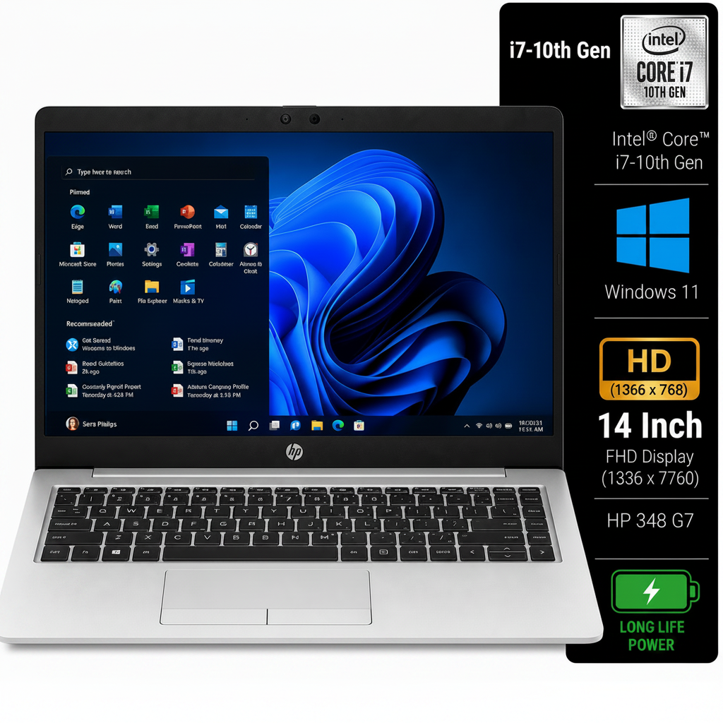 An open silver HP laptop shown on a white background, with a large black feature callout panel on the right listing specs including Intel i7-10th Gen, Windows 11, 14 Inch FHD, and HP 348 G7.