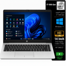 An open silver HP laptop shown on a white background, with a large black feature callout panel on the right listing specs including Intel i7-10th Gen, Windows 11, 14 Inch FHD, and HP 348 G7.