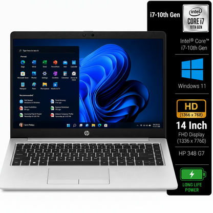 An open silver HP laptop shown on a white background, with a large black feature callout panel on the right listing specs including Intel i7-10th Gen, Windows 11, 14 Inch FHD, and HP 348 G7.