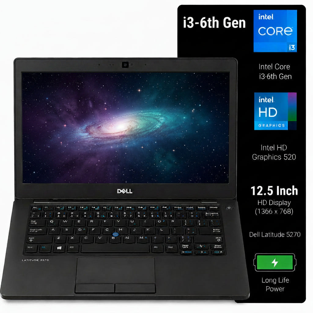 Dell Latitude 5270 i3-6th Gen laptop in black, shown open with the screen on, alongside a black specification panel highlighting Intel Core i3, Intel HD Graphics 520, 12.5 Inch HD Display, and long life power.