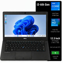 Dell Latitude 5270 i3-6th Gen laptop in black, shown open with the screen on, alongside a black specification panel highlighting Intel Core i3, Intel HD Graphics 520, 12.5 Inch HD Display, and long life power.