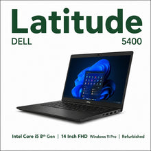 A Dell Latitude 5400 laptop shown open on a white background, with large green text reading 'Latitude DELL 5400' above it and smaller text at the bottom noting Intel Core i5 8th Gen, 14 Inch FHD, Windows 11 Pro, and Refurbished.