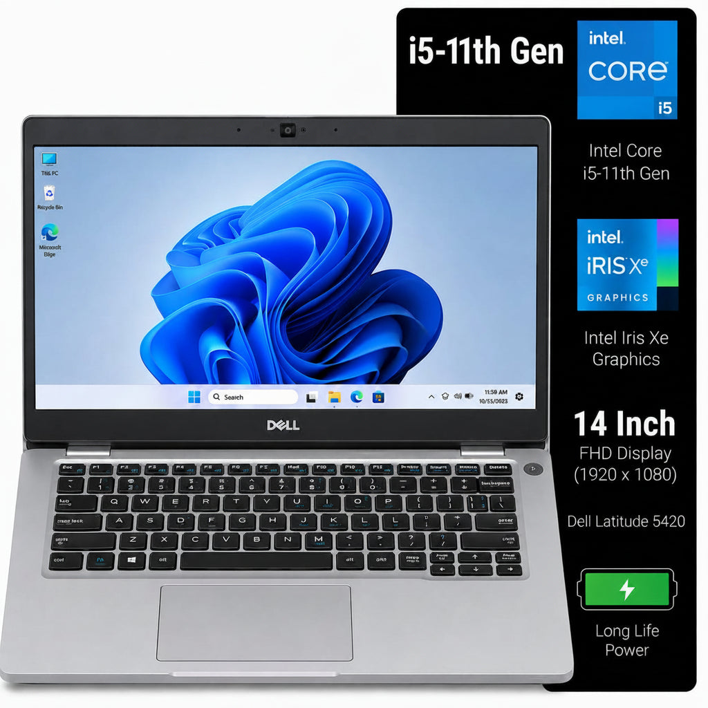 Dell Latitude 520 laptop in silver with a black keyboard and screen, shown open against a white background with a black feature panel listing specs including i5-11th Gen, Intel Core, iRIS X graphics, and 14-inch display.