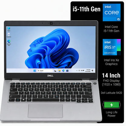 Dell Latitude 520 laptop in silver with a black keyboard and screen, shown open against a white background with a black feature panel listing specs including i5-11th Gen, Intel Core, iRIS X graphics, and 14-inch display.
