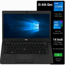 A black Dell Latitude 5480 laptop shown open on a white background, with a tall black text panel on the right listing specifications including i5-6th Gen, Intel Core i5-6300U, Intel HD Graphics 520, and 14 Inch HD Display.