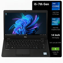 A black Dell Latitude 5490 laptop shown open against a white background, with a large black feature callout panel on the right listing specs such as i5-7th Gen, Intel Core i5, Intel HD Graphics 620, 14 Inch HD Display, and Dell Latitude 5490.