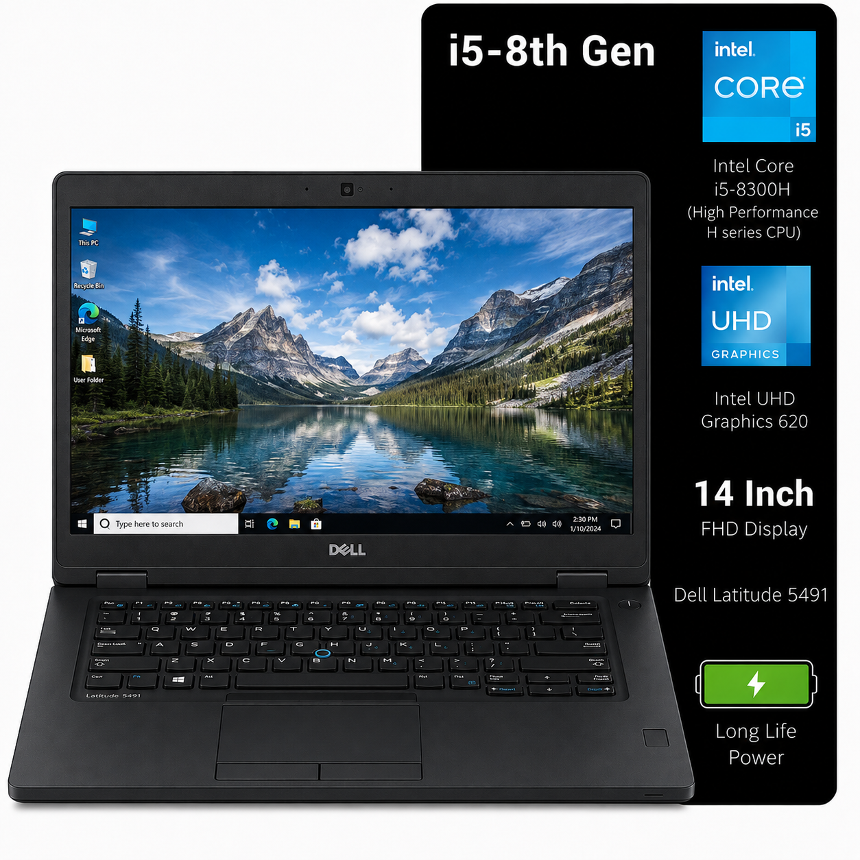 A black Dell Latitude 5491 laptop shown open against a white background, with a large black feature callout panel on the right listing specs such as i5-8th Gen, Intel Core i5, UHD Graphics 620, 14 Inch FHD Display, and long life power.