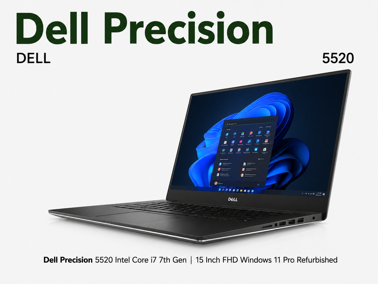 Dell Precision 5520 laptop shown open at an angle on a light gray background, with the Dell logo visible on the screen bezel and text at the top and bottom describing the model and specifications.