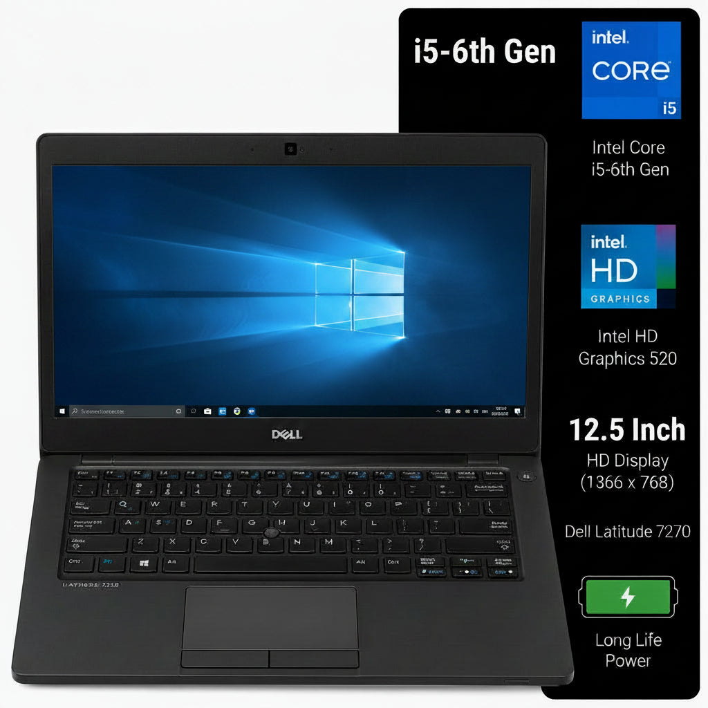 Dell Latitude 5270 laptop in black, shown open with the screen on, alongside a black feature callout panel highlighting i5-6th Gen, Intel Core i5-6300U, Intel HD Graphics 520, 12.5 Inch HD Display, and long life power.