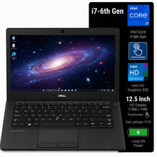 A black Dell Latitude 7270 laptop shown open on a white background, with a black feature callout panel on the right listing specs such as i7-6th Gen, Intel Core i7, touchscreen, HD Graphics 520, 12.5 inch display, and long life power.