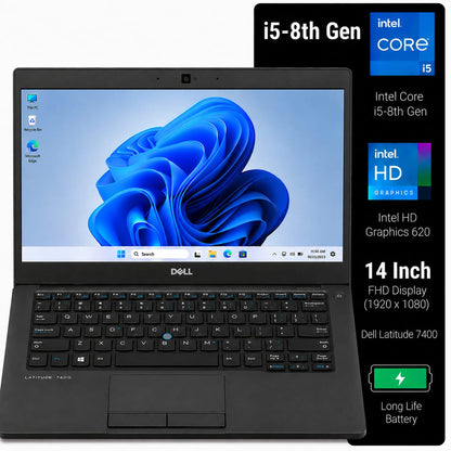Dell Latitude 7480 i5-6th Gen laptop in black, shown open with its screen on. The image includes a vertical informational panel on the right highlighting processor, display, and battery features.
