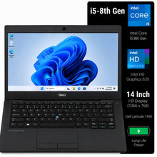Dell Latitude 7490 i5-8th Gen laptop shown open on a white background, with a black specification panel on the right listing processor, HD graphics, 14-inch display, and long life power.