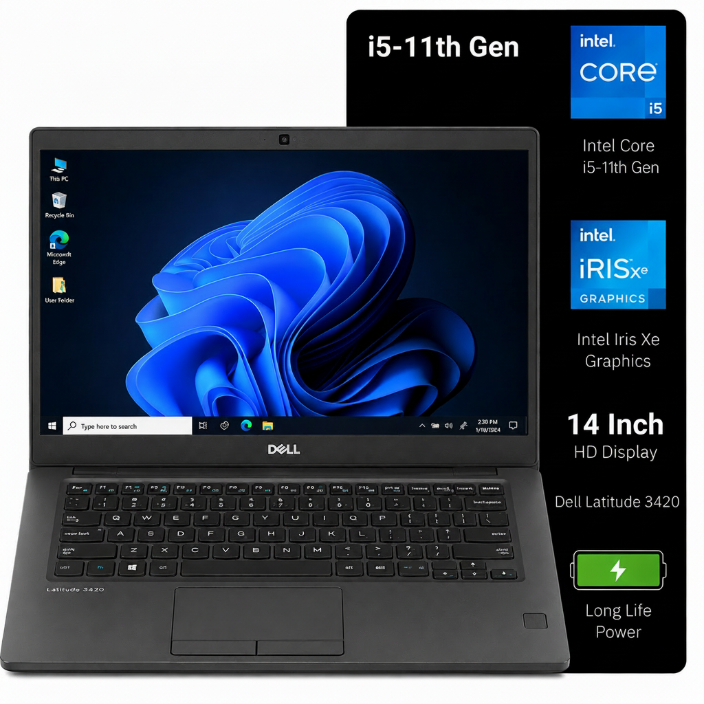 Dell Latitude 3420 i5-11th Gen laptop in dark gray, shown open with the screen on, alongside a black informational panel highlighting processor and display specifications.