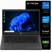 Dell Latitude 3420 i5-11th Gen laptop in dark gray, shown open with the screen on, alongside a black informational panel highlighting processor and display specifications.
