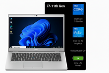 A Dell Latitude 5420 laptop shown open on a white background, with a large black feature callout panel on the right listing specifications such as i7-11th Gen, Intel Core i7, Intel Iris Xe Graphics, 14 Inch FHD Display, and Dell Latitude 5420.