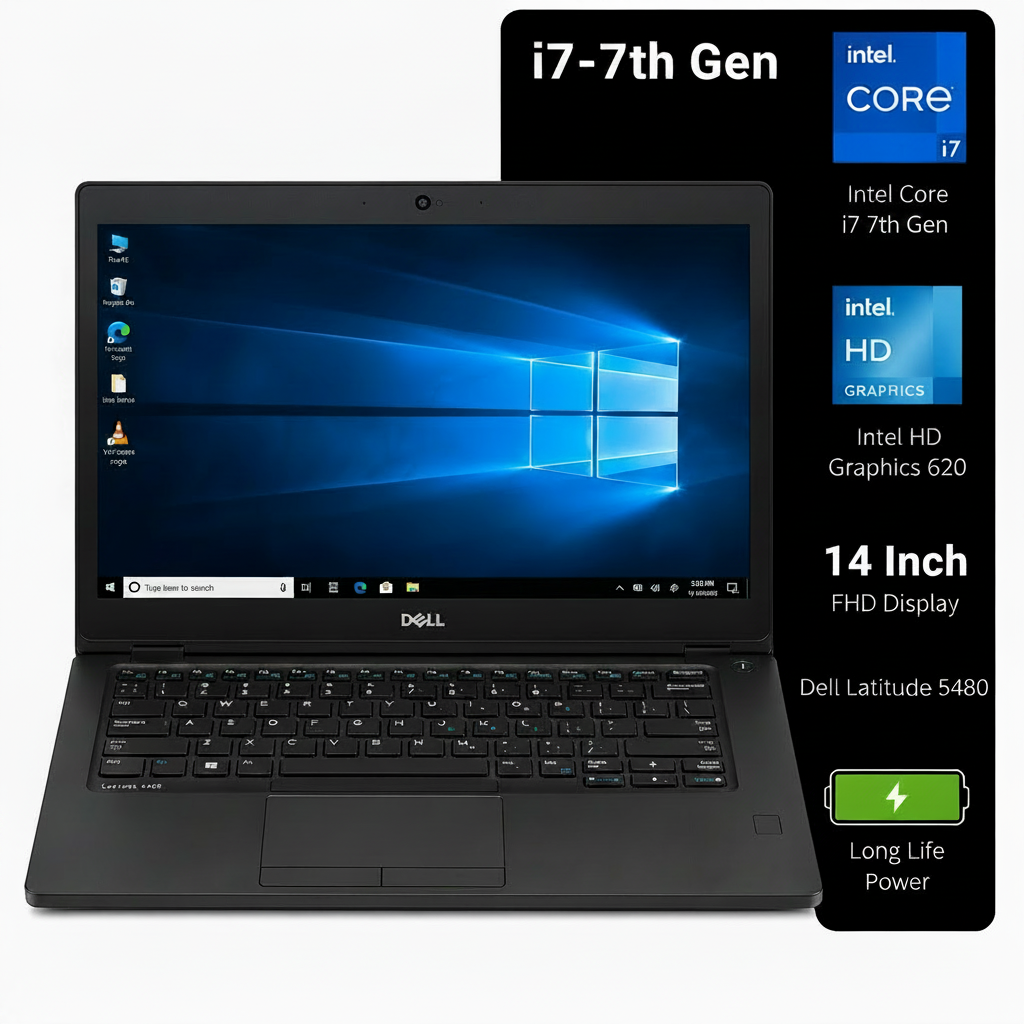 A black Dell laptop shown open against a white background, with a large black feature callout panel on the right listing specs such as i7-7th Gen, Intel Core i7, Intel HD Graphics 620, 14 Inch FHD Display, and Dell Latitude 5480.