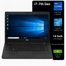 A black Dell laptop shown open against a white background, with a large black feature callout panel on the right listing specs such as i7-7th Gen, Intel Core i7, Intel HD Graphics 620, 14 Inch FHD Display, and Dell Latitude 5480.