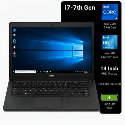 A black Dell laptop shown open against a white background, with a large black feature callout panel on the right listing specs such as i7-7th Gen, Intel Core i7, Intel HD Graphics 620, 14 Inch FHD Display, and Dell Latitude 5480.