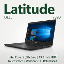 A refurbished Dell Latitude 7390 laptop shown open on a light gray background, with text highlighting Intel Core i5 (8th Gen), 13.3 inch FHD touchscreen, Windows 11, and refurbished status.