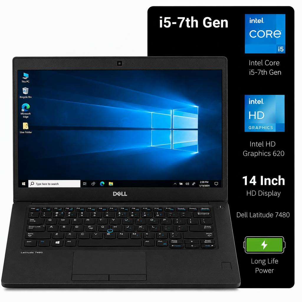 A black Dell laptop shown open on a white background, with a large black information panel to the right listing specifications such as i5-7th Gen, Intel Core i5, Intel HD Graphics 620, 14 Inch HD Display, and Dell Latitude 7480.