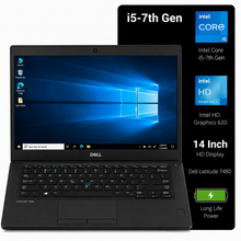 A black Dell laptop shown open on a white background, with a large black information panel to the right listing specifications such as i5-7th Gen, Intel Core i5, Intel HD Graphics 620, 14 Inch HD Display, and Dell Latitude 7480.