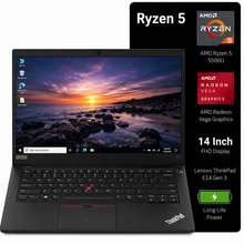 A black Lenovo ThinkPad laptop shown open on a white background, with a vertical black feature panel on the right listing Ryzen 5 5500U, AMD Radeon Vega Graphics, 14-inch FHD display, and Lenovo ThinkPad E14 Gen 3.
