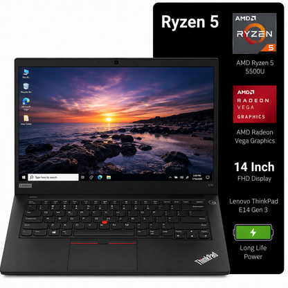 A black Lenovo ThinkPad laptop shown open on a white background, with a vertical black feature panel on the right listing Ryzen 5 5500U, AMD Radeon Vega Graphics, 14-inch FHD display, and Lenovo ThinkPad E14 Gen 3.
