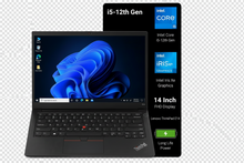 Black Lenovo ThinkPad ThinkPad E14 laptop shown open on a white background, with a vertical black feature panel on the right listing specs including i5-12th Gen, Intel Core i5, Intel Iris Xe Graphics, 14 Inch FHD Display, and Lenovo ThinkPad E14.