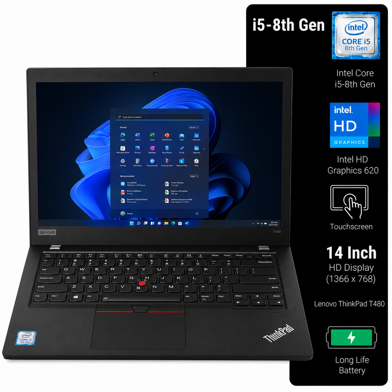 Lenovo ThinkPad T480 Intel Core i5 8th Gen | 14 Inch HD Touchscreen Windows 11 Refurbished