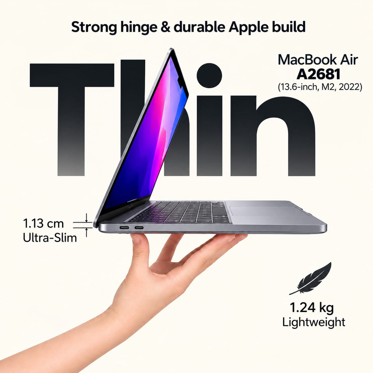 MacBook Air M2 thin design, 1.24 kg