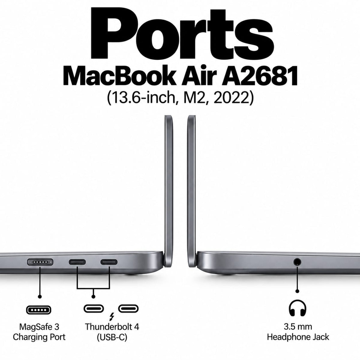 MacBook Air A2681 ports: MagSafe 3, two Thunderbolt USB-C, headphone jack
