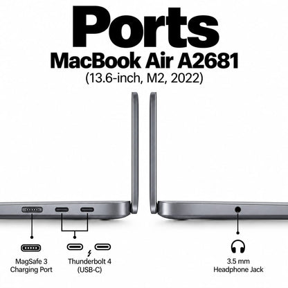 MacBook Air A2681 ports: MagSafe 3, two Thunderbolt USB-C, headphone jack