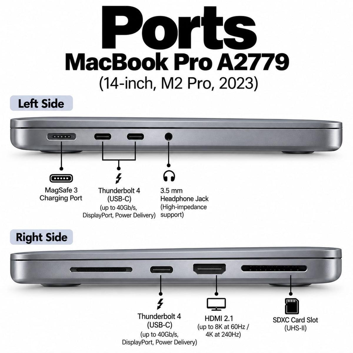 MacBook Pro A2779 ports: HDMI, SD card, MagSafe 3, Thunderbolt 4