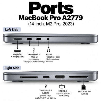 MacBook Pro A2779 ports: HDMI, SD card, MagSafe 3, Thunderbolt 4