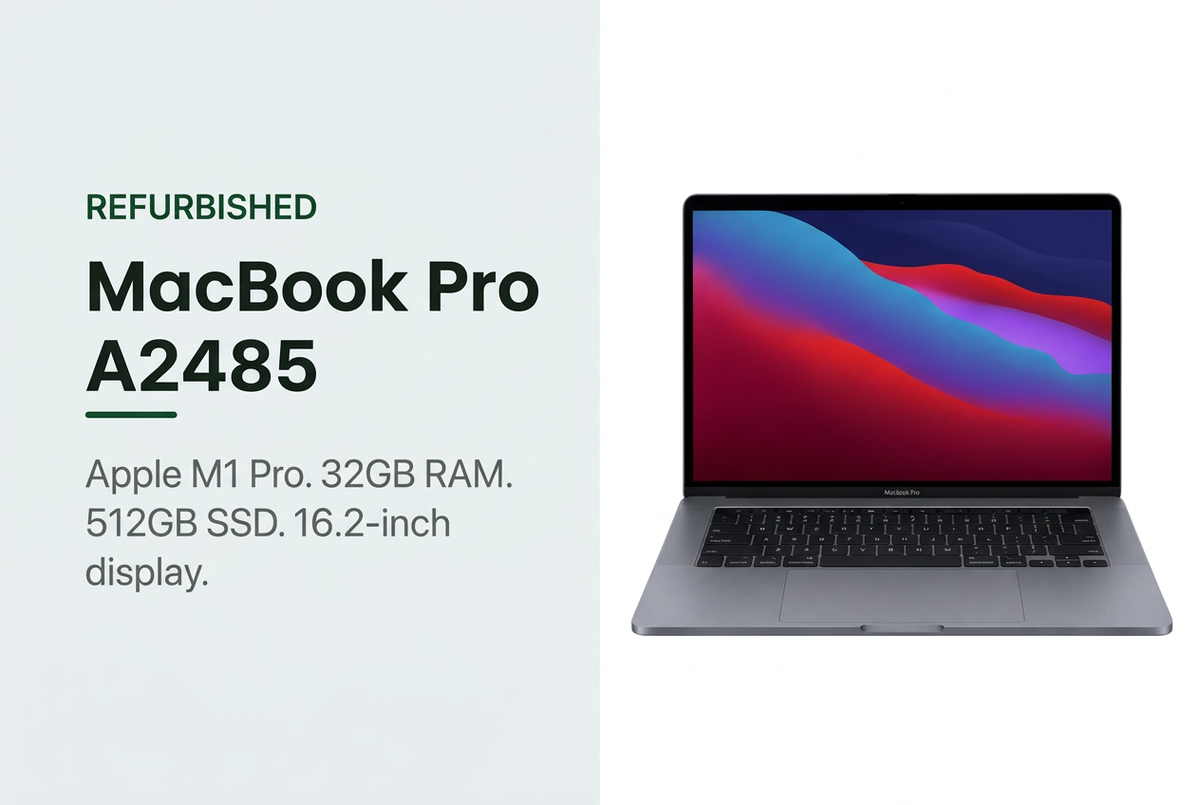 Refurbished Apple MacBook Pro A2485 M1 Pro A+ banner with 32GB RAM, 512GB SSD and 16.2-inch display