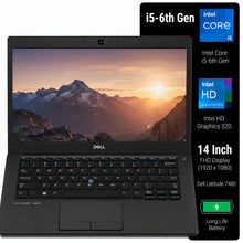 Dell Latitude 7480 i5-6th Gen laptop in black, shown open with its screen on. The image includes a vertical informational panel on the right highlighting processor, display, and battery features.