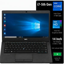 Dell Latitude 5450 laptop in black, shown open with the screen on, alongside a black specification panel highlighting i7-5th Gen, Intel Core i7, Intel HD Graphics 5500, 14-inch HD display, and long life power.