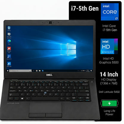 Dell Latitude 5450 laptop in black, shown open with the screen on, alongside a black specification panel highlighting i7-5th Gen, Intel Core i7, Intel HD Graphics 5500, 14-inch HD display, and long life power.
